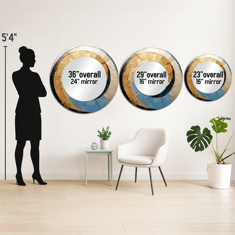 Gold Blue Minimalism Spiral Poteries I - Abstract Spirals Wall Mirror, Gold Round Decorative Mirror, Printed Metal Art