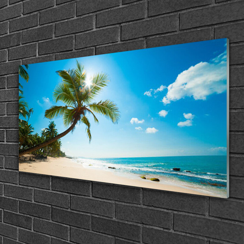 Glass Print Wall Art 100X50cm Image Printed On Glass Decorative Wall Picture Behind Toughened / Tempered Safety Real Glass For Kitchen & Living Room Theme: Palm Tree Beach Sea Landscape