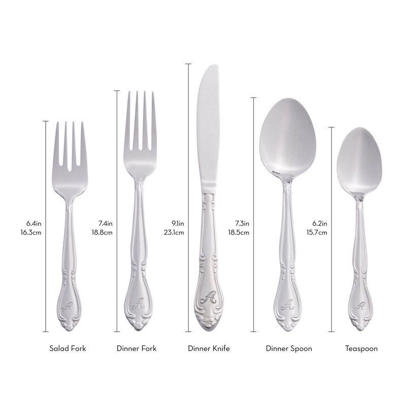 RiverRidge Rose Flatware 46-Piece Monogrammed Stainless Steel Silverware Set for 8, W
