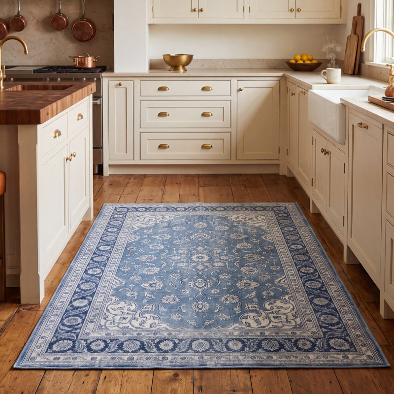 Tapis Vale traditionnel à médaillon délavé, style persan, bleu, gris et crème, lavable à la machine, antidérapant, à poils courts, pour l'intérieur et l'extérieur, adapté aux animaux domestiques, idéal pour le salon, la chambre, la salle à manger, l'entrée, le couloir ou le bureau.