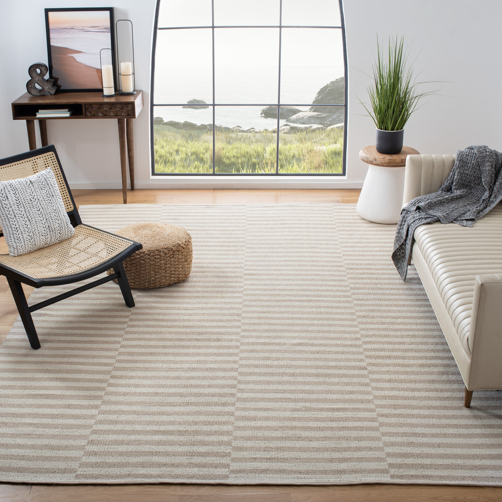 Ilona Ivory Light Gray Striped Cotton Rug, Rectangle 8' x 10'