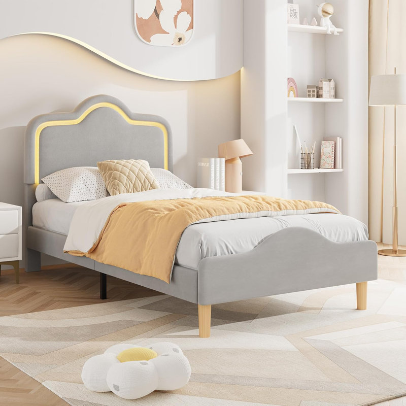 Twin Size Bed Frame with Adjustable LED Headboard and Footboard Velvet Upholstered Princess Platform Bedframe for Kids Girls Wooden Slats Support No Box Spring Needed Gray