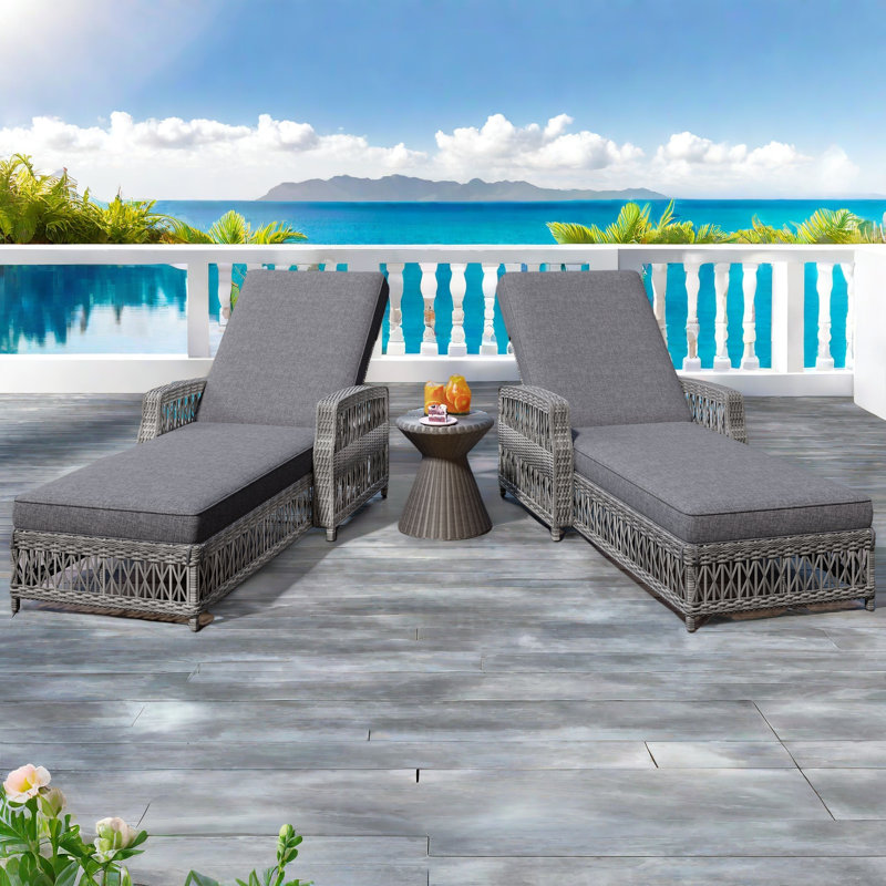 2 Pieces Long Reclining Chaise, Outdoor Wicker Lounge With Armrests, Patio Adjustable Recliner With Soft Removable Cushions, All Weather Rattan Pool Lounge For Poolside & Garden