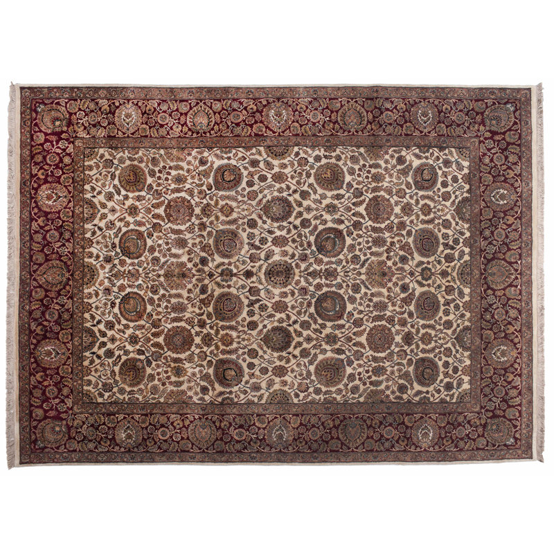 Tapis unique en laine noué à la main bourgogne / beige / brun de 9 pi x 12 pi