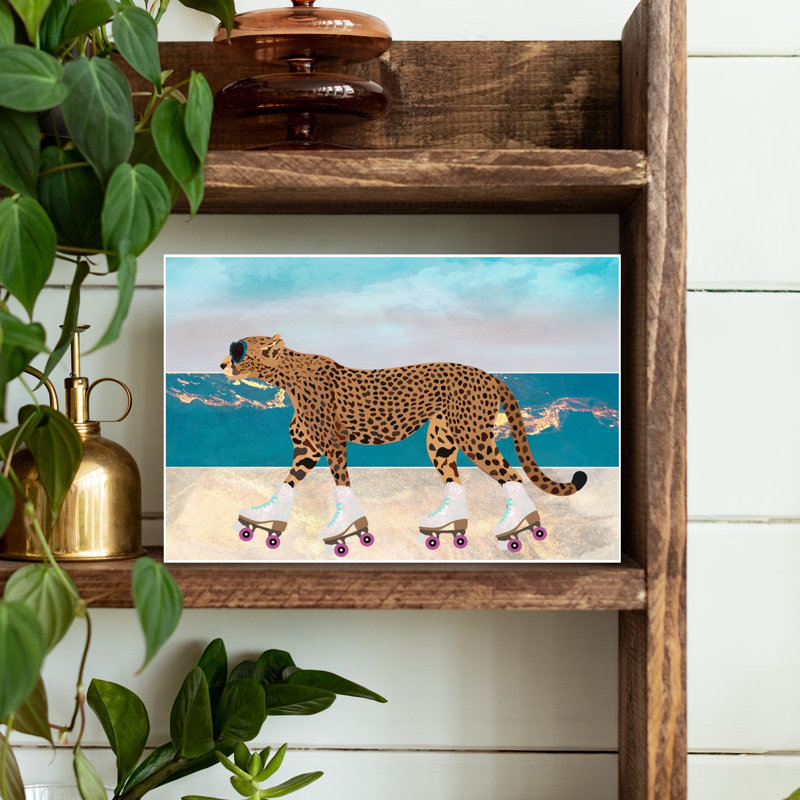 Guépard, patins à roulettes, plage, paysage abstrait rétro, impression d'art mural, H 12 po x l 18 po