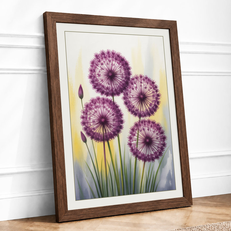 Purple Allium Heads Botanical - Framed Print, Walnut, A4 - 29.7 x 21.0 cm
