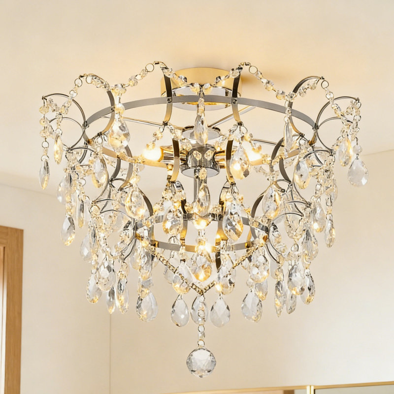 Plafonnier encastré moderne 4 lumières en métal et cristal Glam