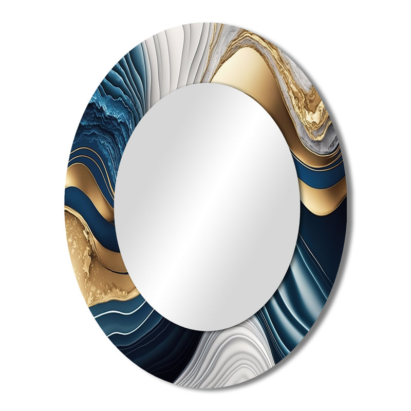 Abstrait géométrique vagues bleues I - décor de miroir mural ovale bleu, 43 po x 33 po