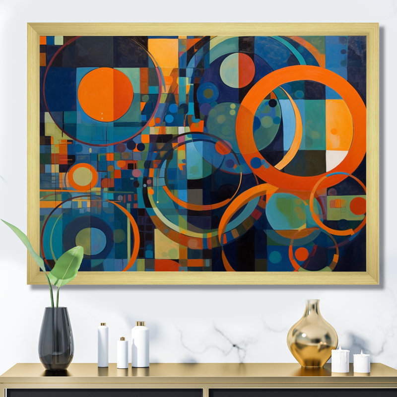«Orange Blue Geometrie Unleashed II - Abstract Shapes», art mural, H 16 po x l 32 po x P 1 po, Cadre photo doré simple