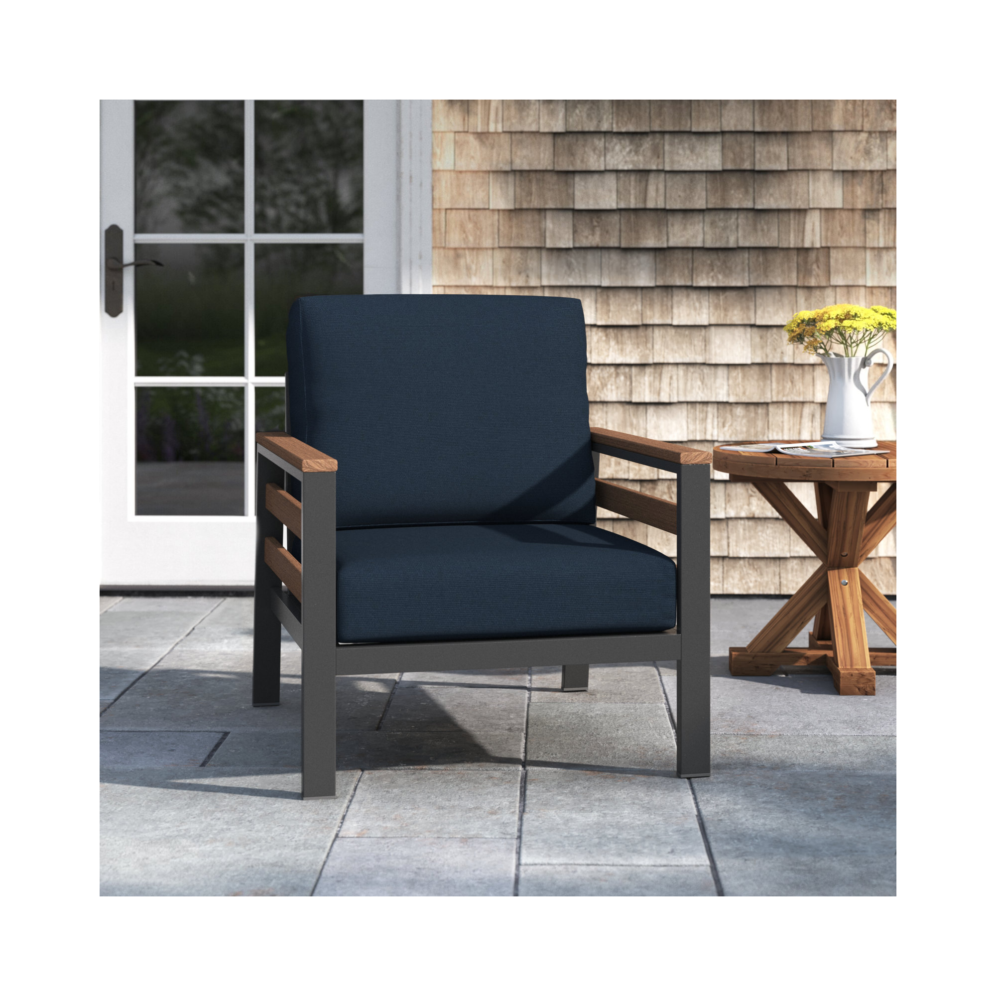 Townsend Patio Chair with Sunbrella® Cushions, Brown/Dark Gray, Canvas Navy Sunbrella® Canvas