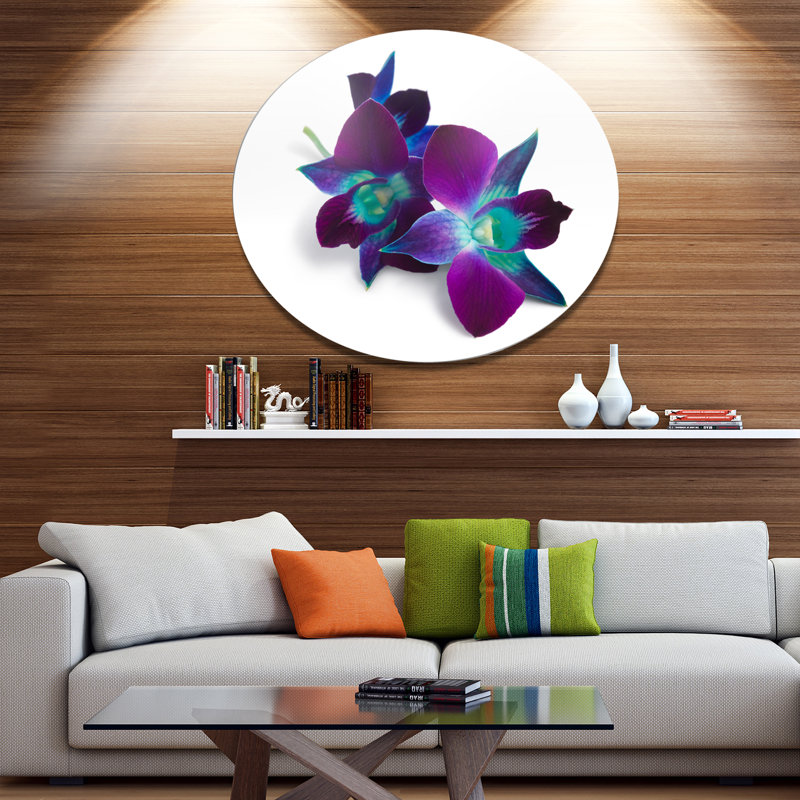 Deep Purple Orchid Flowers on White Metal Round Wall Art