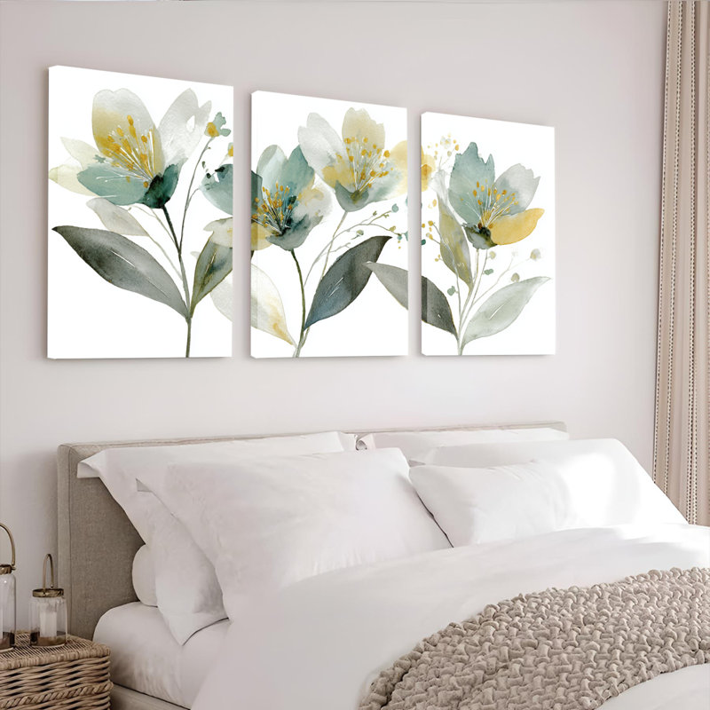 Ensemble de 3 tableaux muraux sur toile tendue, motif bouquet floral aquarelle, H 24 po x l 48 po