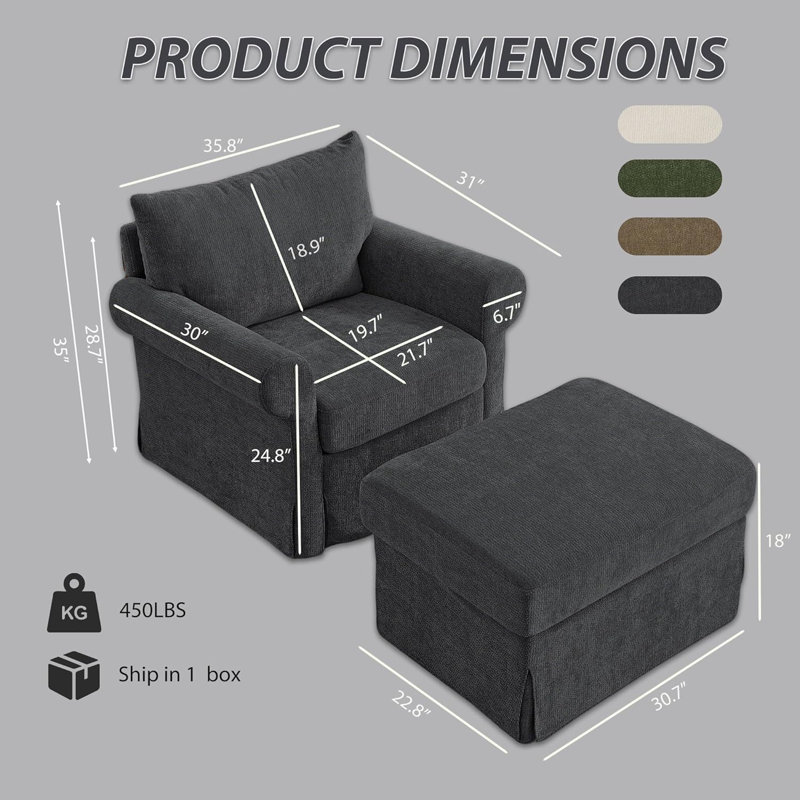 Fauteuil d'appoint en chenille avec repose-pieds, fauteuil de style rétro, Gris