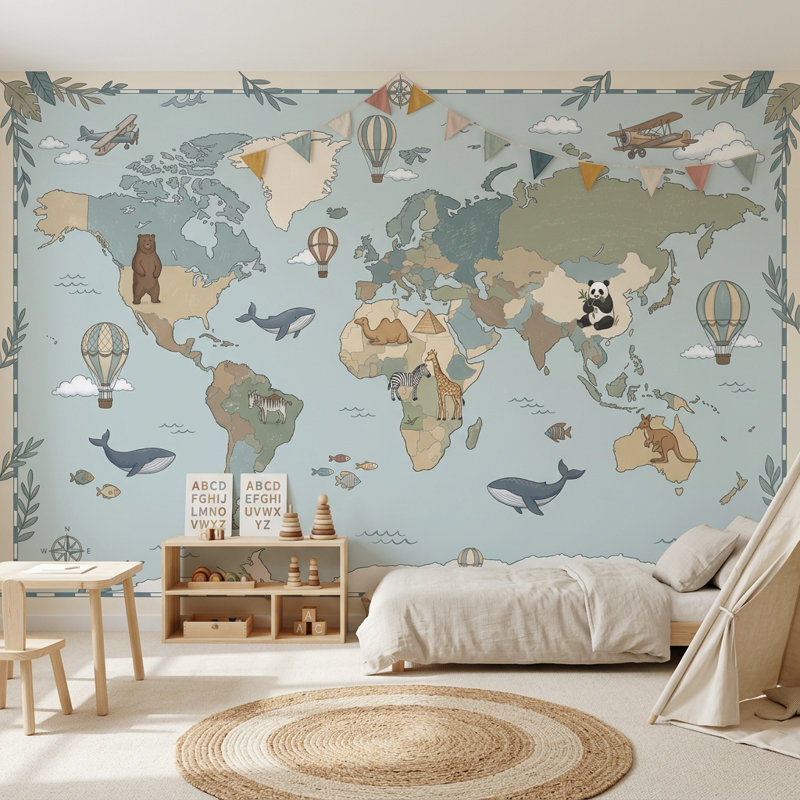 Papier peint carte du monde amovible géographie amovible, 120 po x 96 po, Peler et coller