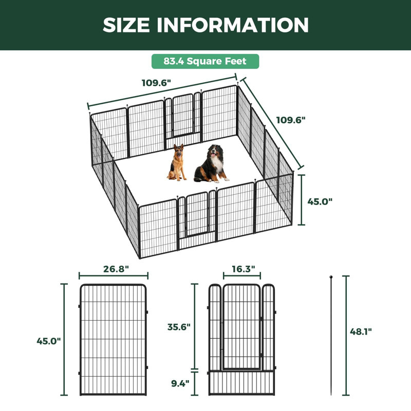 Parc de jeu pour animaux de compagnie pour l'extérieur, cour, camping-car, 45 pouces, 16 panneaux 16 pouces pour grands chiens
