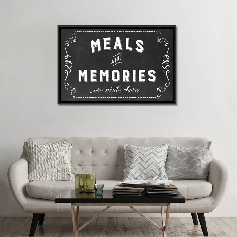 « repas & souvenirs », art textuel sur toile, H 18 po x l 26 po x P 1,5 po, Toile avec cadre noir, Pas de tapis