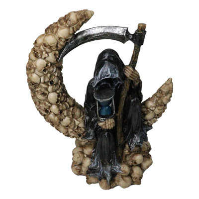 Figurine gothique de la Faucheuse avec sa faux, sablier sur crâne en croissant de lune