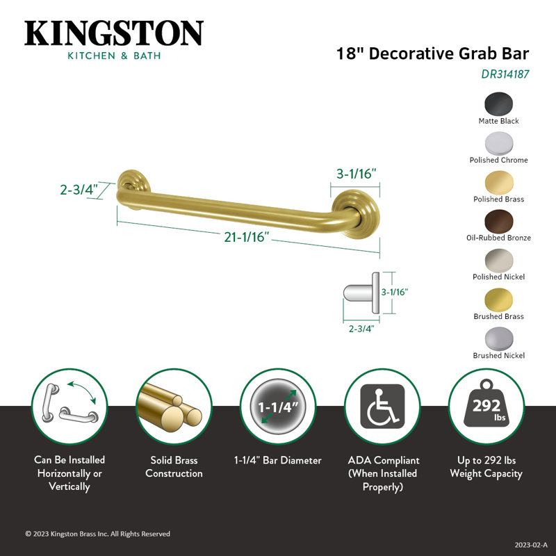 Kingston Brass Restoration 1-1/4 Inch O.D Grab Bar, Polished Nickel, 3.6" H x 21.06" W x 2.75" D