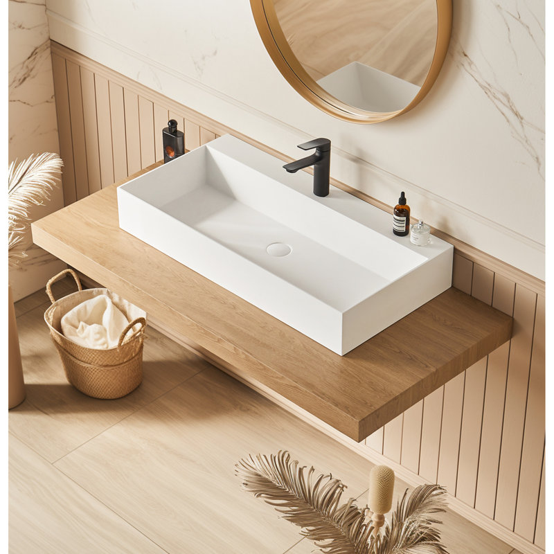 Lavabo de salle de bain mural rectangulaire à surface solide 36 po x 18 po blanc mat avec trou pour robinet. Spacieux pour les thèmes de bain modernes. Caractéristique de pierre de résine. Installation facile pour les salles de bain.