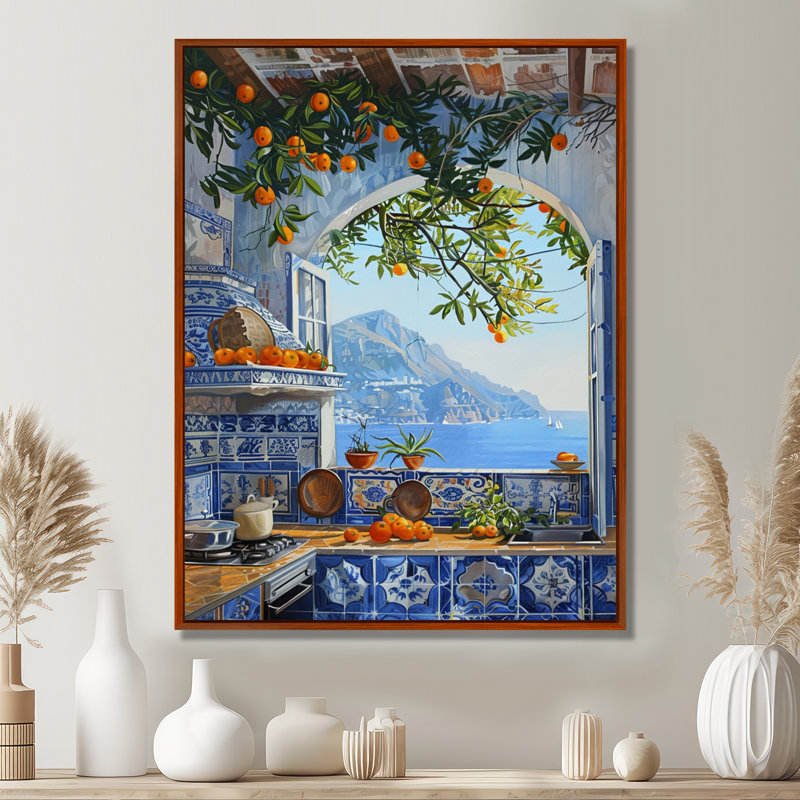 Fenêtre vue de la mer méditerranée cuisine oranges I - cuisine, art mural, Toile avec cadre flottant brun