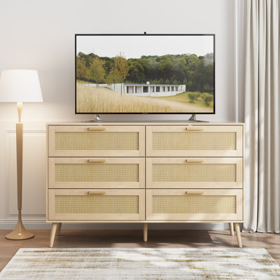 Rattan 6-Drawer Chest For Bedroom, Modern Dresser With Wood Handles, Spacious Storage For Living Room And Hallway