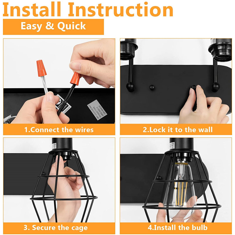 Black Metal Cage 2-Light Dimmable Vanity Fixture