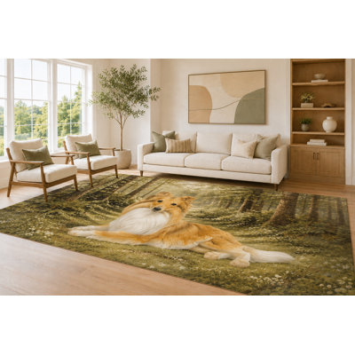 Grand tapis pour chien Colley de 6 pi 7 po x 9 pi 10 po Olive and Cream Forest