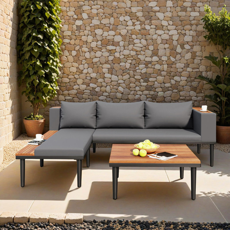 Canapé modulaire en L en bois d'acacia de patio avec table d'appoint et canapé modulaire pour l'extérieur, Gris