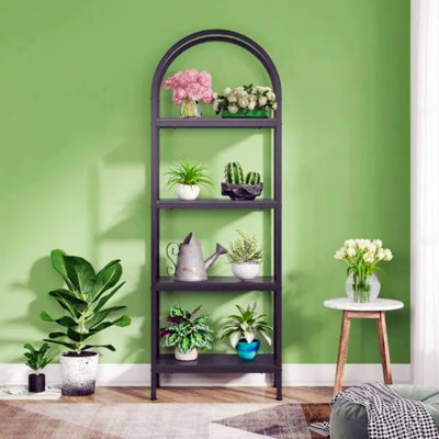 Bibliothèque à quatre niveaux arquée, parfaite pour les bureaux à domicile, les salons et les chambres à coucher, en noir.