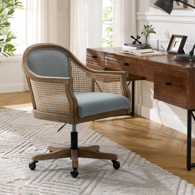Ackeron Farmhouse Rattan Upholstered Office Task Chair with Solid Wood Arms and Base