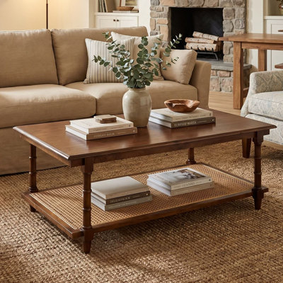 Elegant Brown 24x42x18 Inch Coffee Table with Open Rattan Shelf Storage