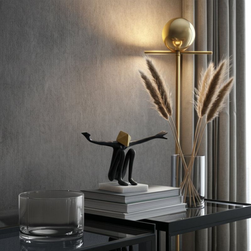 Statues décoratives audacieuses pour la décoration intérieure - Sculpture moderne avec détails géométriques dorés sur base en marbre blanc - Objets décoratifs pour décor de cuisine, de tablette ou de salon - 13 po, noir et or