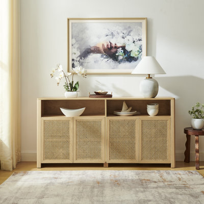 63" Mid Century Modern Rattan Sideboard Buffet Cabinet With Storage, Retro Coffee Bar Wine Bar Credenza, Large Media Console Table For Living Room/Ent