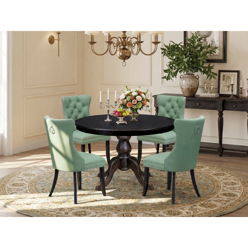 5 Piece Kitchen Set Includes a 48" Round Dining Table with Pedestal and 4 Willow Green Polyester Upholstered Chairs, Sand Blasted Black