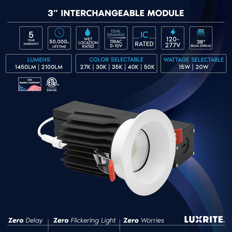 Luxrite 3 po Éclairage encastré à DEL sans cadre avec garniture ronde blanche interchangeable, 5CCT, CRI90, 15 / 20W, 1450 / 2100LM, à intensité variable, faisceau de 60 °, calibre humide