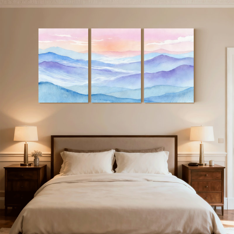 Abstrait aquarelle de montagnes pastel, ensemble de 3 impressions sur toile, H 24 po x l 48 po