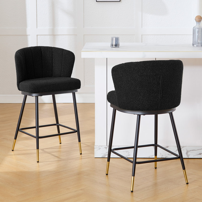 26" Boucle Fabric Counter Height Bar Stools With Metal Frame, Black