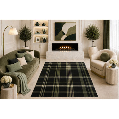 Tapis ultra-léger 152 x 213 cm à carreaux noirs et verts olive, motif tartan moderne, idéal pour le salon, la chambre ou le bureau. Dos en silicone antidérapant, poils courts.