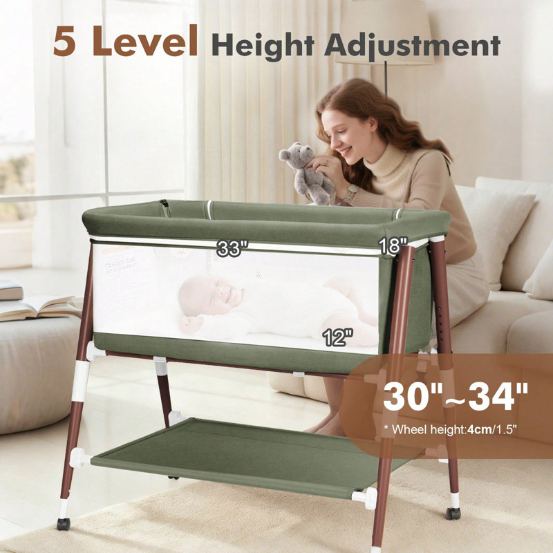 3 In 1 Baby Bassinet w/ 5 Height Adjustable For Boys Girls Newborn, Portable Babies Bedside Crib Sleeper With 4 Detachable Wheels, Breathable Mesh & Mattress, Mosquito Net & Storage Basket And Carry Bag for Infant Toddler, Green