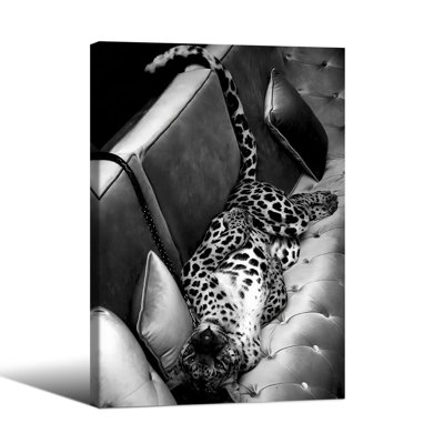 Panther On The Sofa Poster Cheetah Black And White Photography Wall Art 24X36 Inch Framed Wildlife Animal Leopard Canvas Prints For Living Room Bedroom Wall Decor