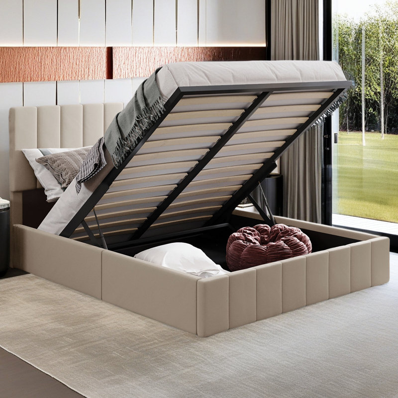 Lit plateforme tapissier avec système de rangement hydraulique, Beige, Grand lit