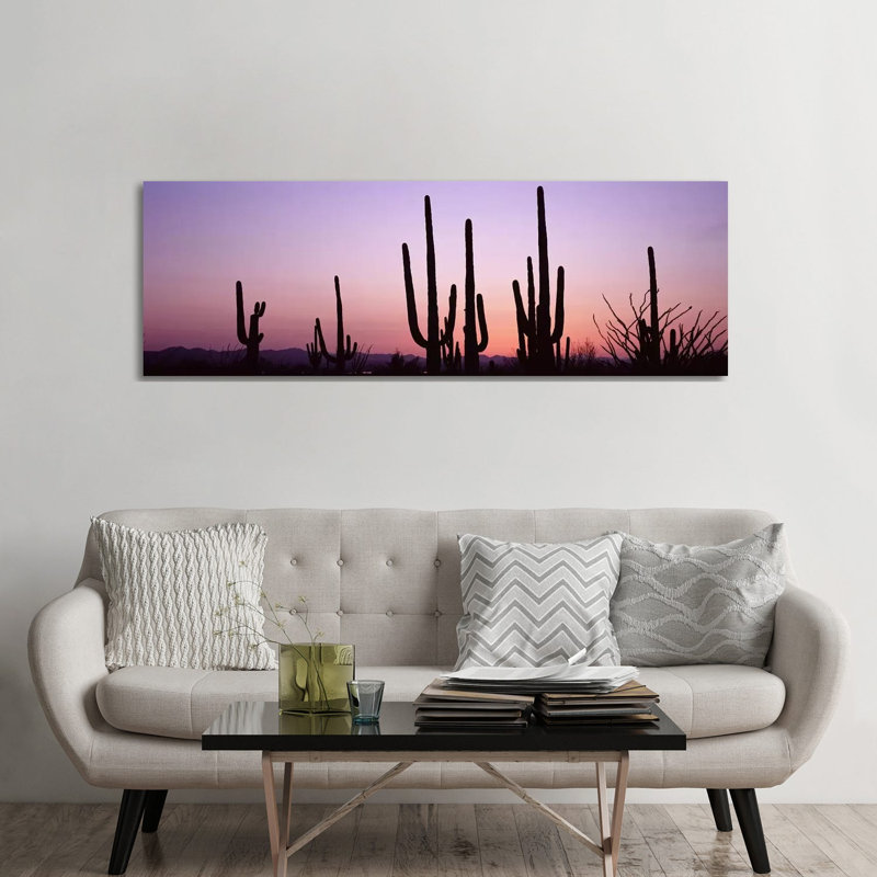 Silhouette Of Saguaro Cacti (Carnegiea Gigantea) On A Landscape, Saguaro National Park, Tucson, Pima County, Arizona, USA - Wrapped Canvas Panoramic Print