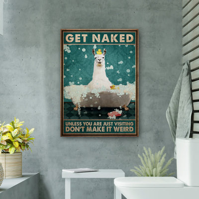 Llama With Rubber Duck And Bubbles - Get Naked Gallery Wrapped Canvas - Bath And Laundry Animal Illustration Decor, White And Blue-Green Bathroom Decor