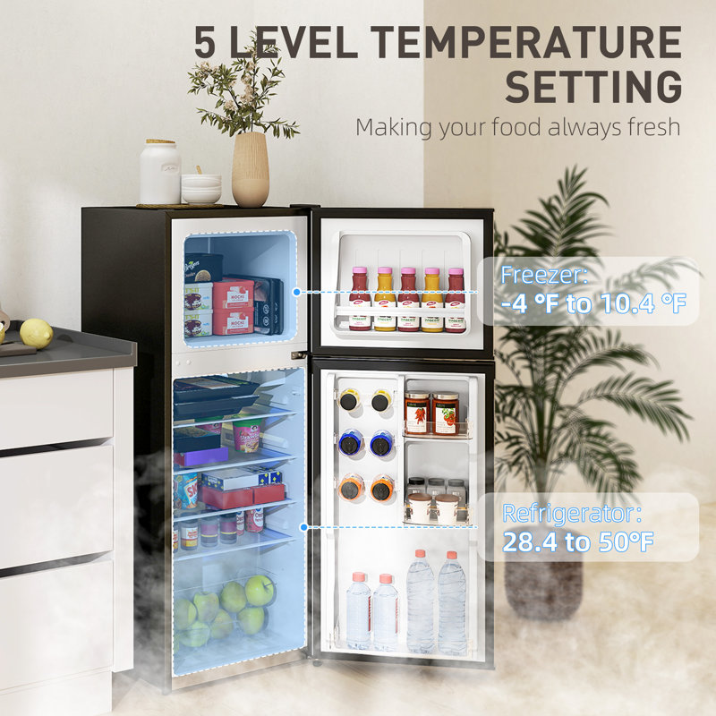 4 Cu.Ft Mini Fridge with Freezer, Double Door Compact Refrigerator with Adjustable Thermostat, Shelf and Reversible Door for Bedroom, Dorm, Home Office, Energy Efficient