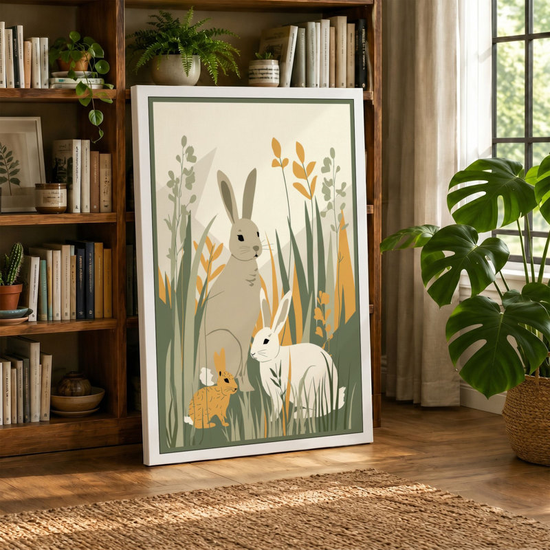 Rabbits in Wildflower Garden Boho 1 Piece Wrapped Canvas Wall Art, 18x12 - 45.7 x 30.5 cm, Taupe Border