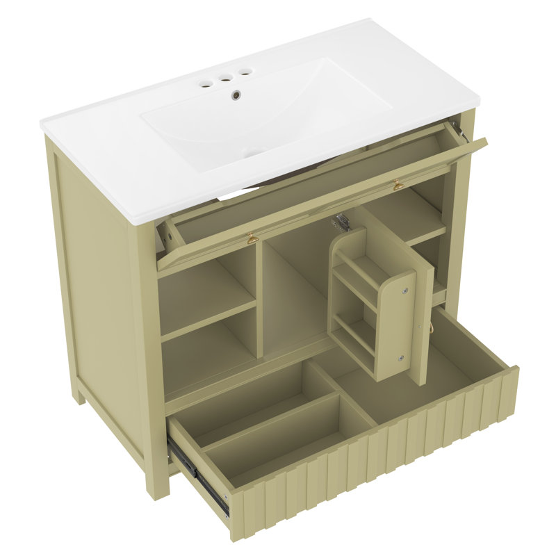 Meuble-lavabo vert spacieux avec lavabo, bois massif et bois aggloméré, charme rustique pour les espaces modernes