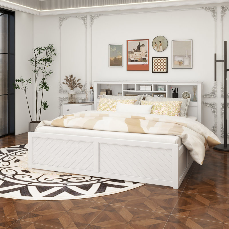Lit plateforme très grand en bois avec tête de lit multi-rangement, USB et tiroirs, Blanc