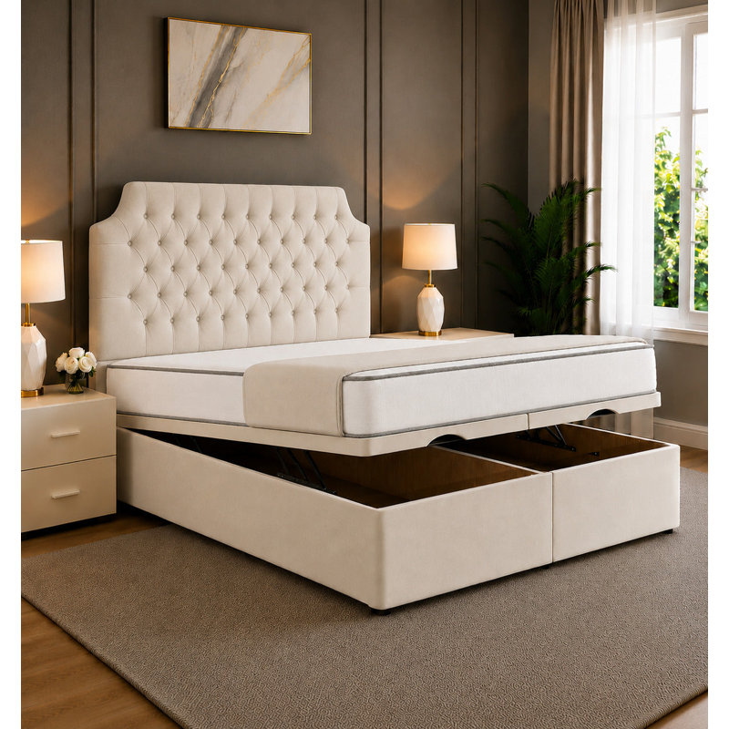 Monzo Chesterfield Tufted Divan Storage Ottoman Bed Frame with End Lift Storage, 6FT Super King Bed, Mink Conistan