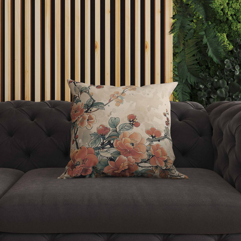 Coussin intérieur / extérieur Scarlet Wing Heaven, Carré 20 po, Beige/Orange