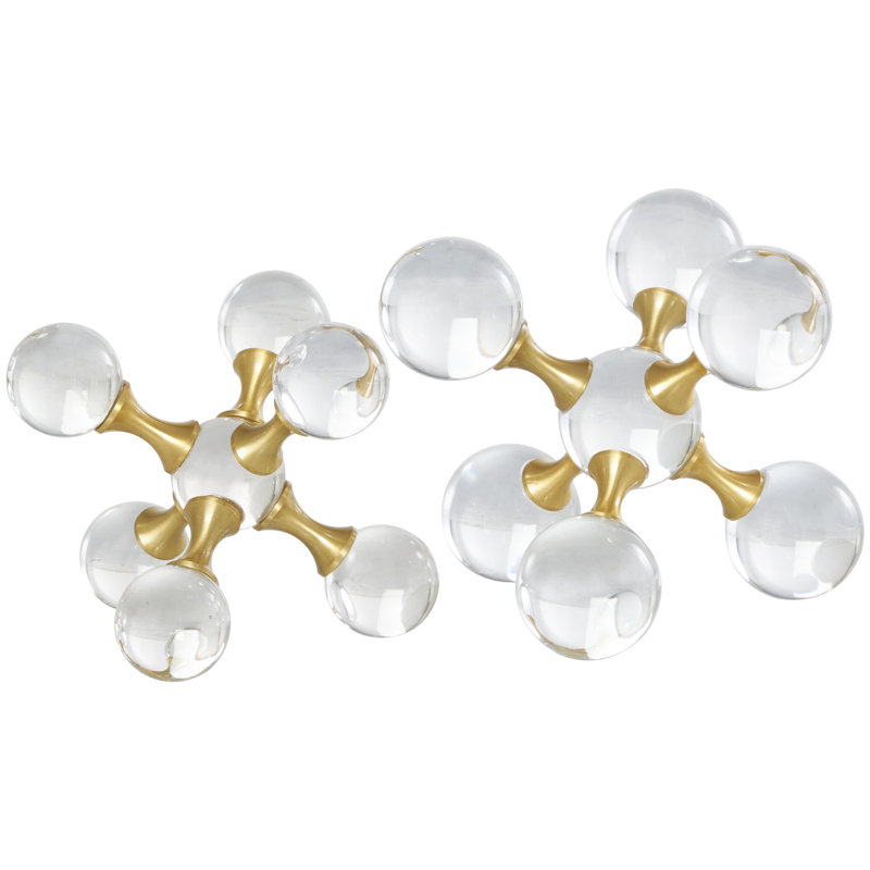 Crystal Orb Inspired Jack Decorative Clear Sculpture with Gold Metal Accents Set